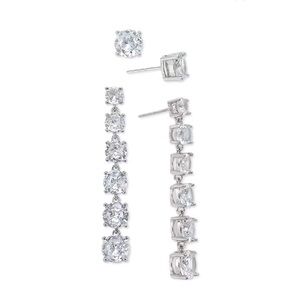 On 34th Silver-Tone 2-piece set. Cubic Zirconia Stud & Linear Drop Earrings. NWT